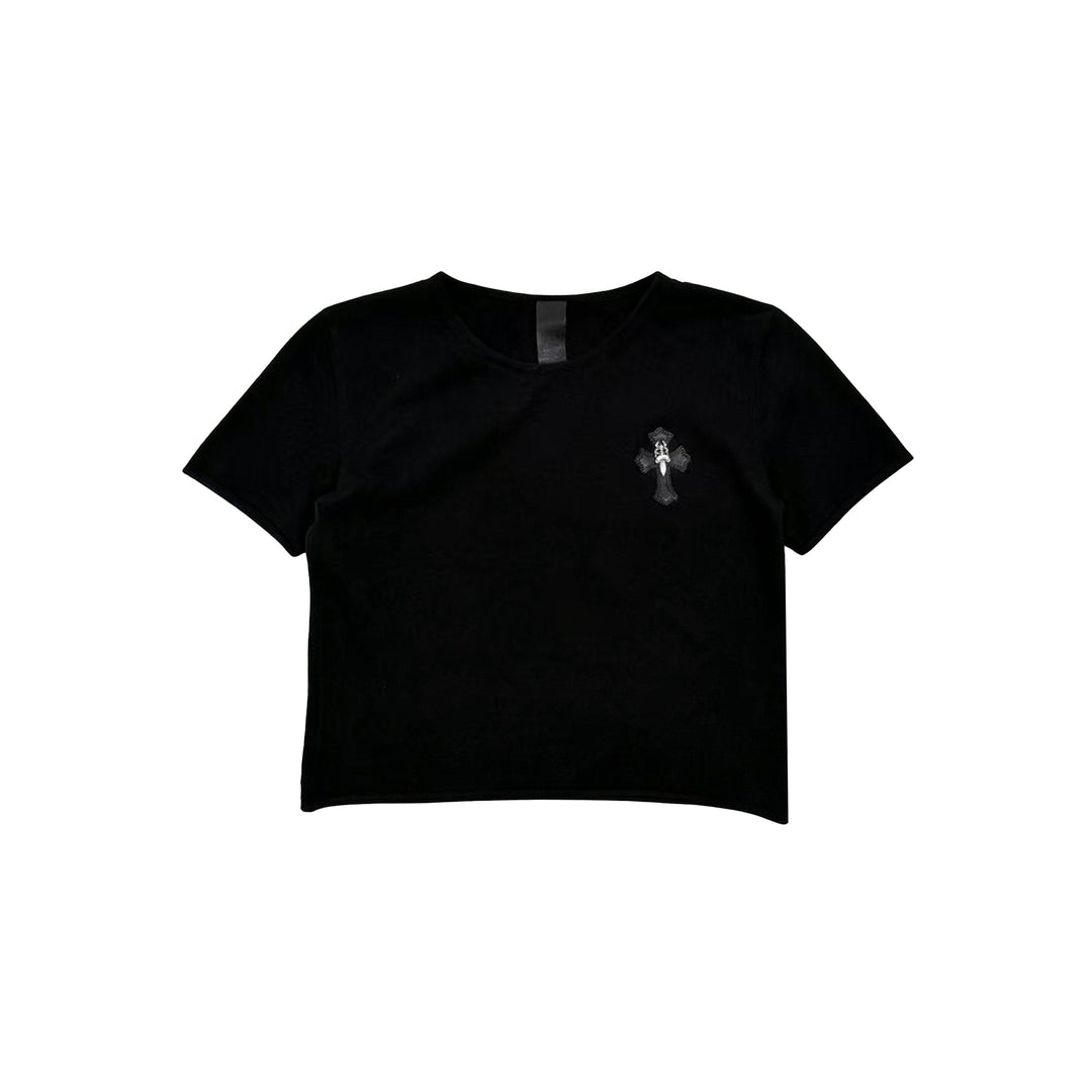 Chrome Hearts Mohair Knit Black Leather Silver Cross Short Sleeve Tee - SHENGLI ROAD MARKET