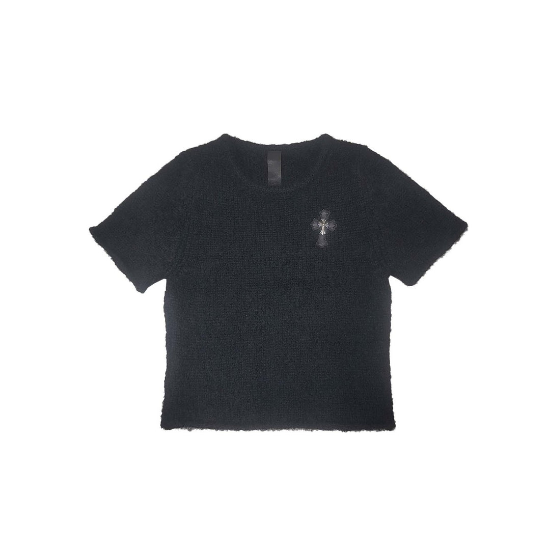 Chrome Hearts Mohair Knit Black Leather Silver Cross Short Sleeve Tee - SHENGLI ROAD MARKET