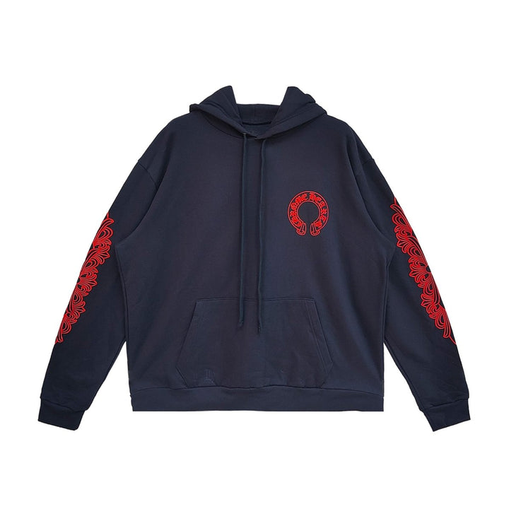 Chrome Hearts Navy&Red Horseshoe Floral Sleeve Pullover Hoodie - SHENGLI ROAD MARKET