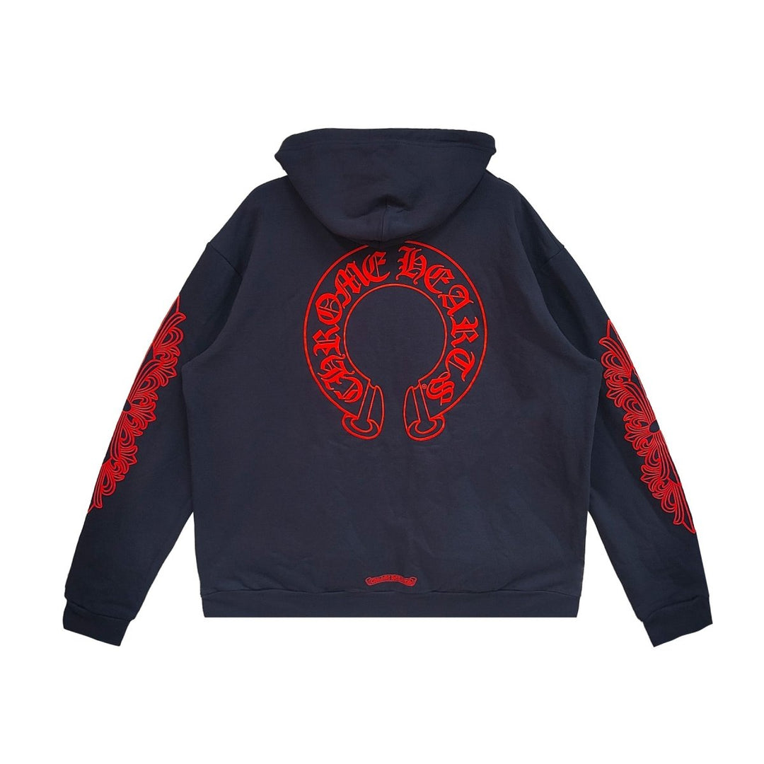 Chrome Hearts Navy&Red Horseshoe Floral Sleeve Pullover Hoodie - SHENGLI ROAD MARKET