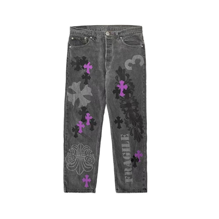 Chrome Hearts Online Exclusive Wash Gray Spray Purple Cross Jeans