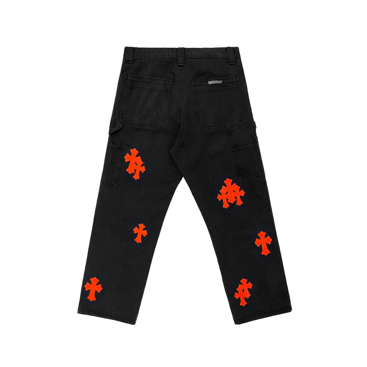 Chrome Hearts Orange Cross Leather Patch Black Carpenter Pants - SHENGLI ROAD MARKET