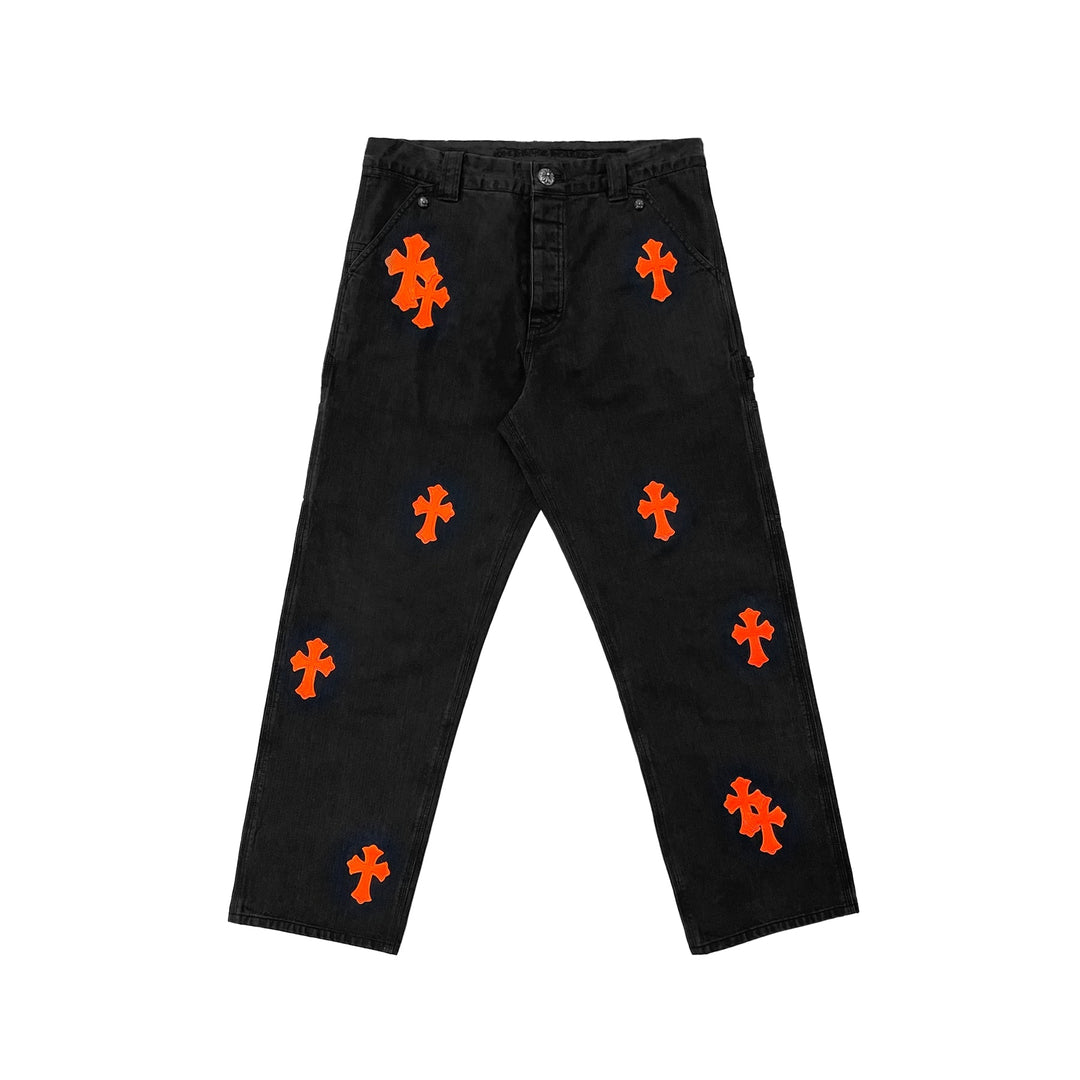 Chrome Hearts Orange Cross Leather Patch Black Carpenter Pants - SHENGLI ROAD MARKET