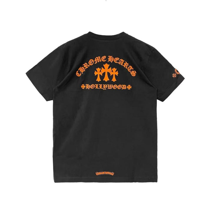 Chrome Hearts Orange Three-Cross Slogan Short Sleeve Tshirt