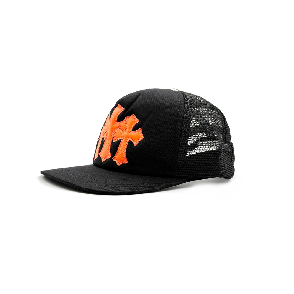 Chrome Hearts Orange Triple Cross Patch Leather Trucker Cap - SHENGLI ROAD MARKET