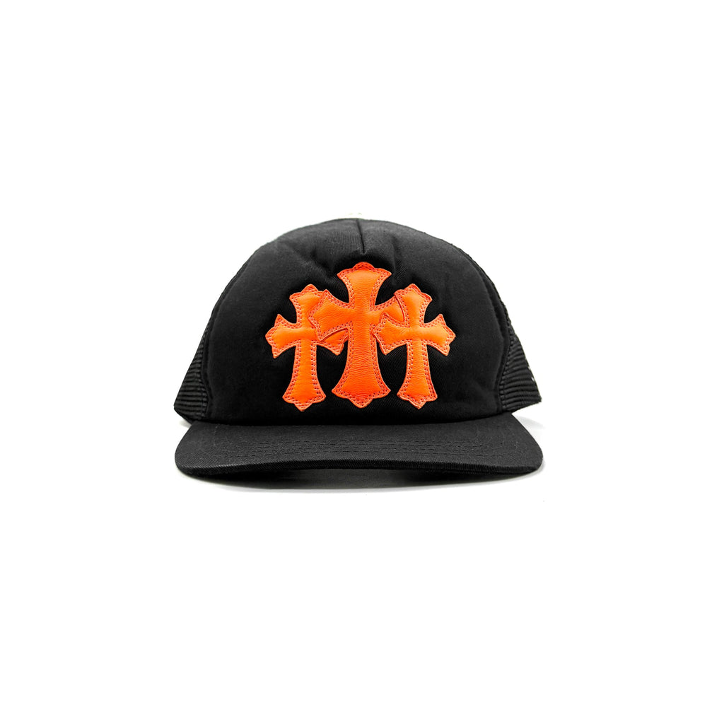 Chrome Hearts Orange Triple Cross Patch Leather Trucker Cap