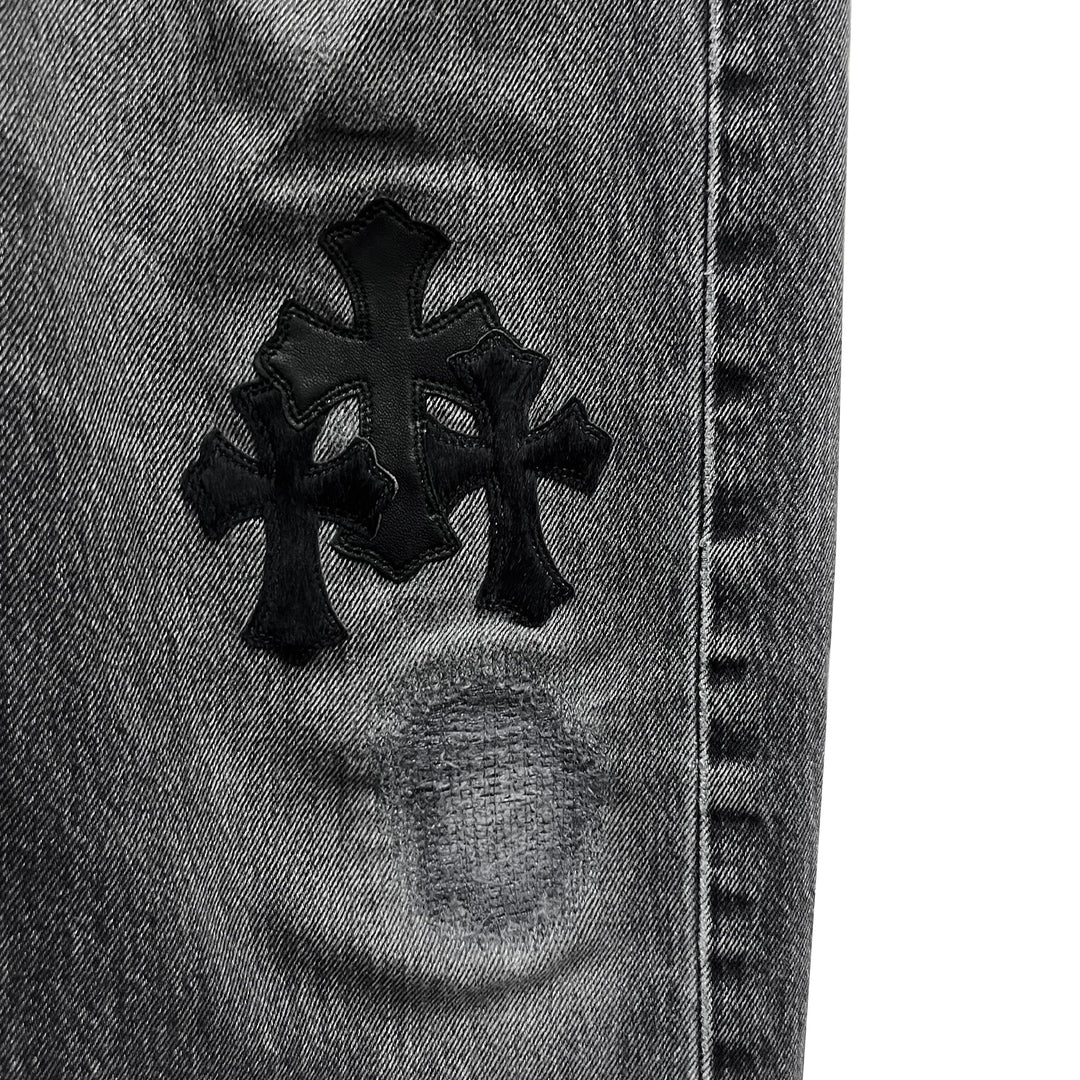 Chrome Hearts Paris Exclusive Cross Patch Knee Ruined Jeans - SHENGLI ROAD MARKET