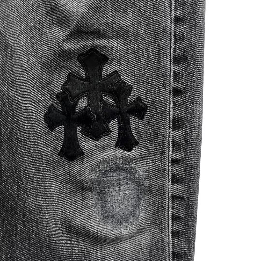 Chrome Hearts Paris Exclusive Cross Patch Knee Ruined Jeans - SHENGLI ROAD MARKET