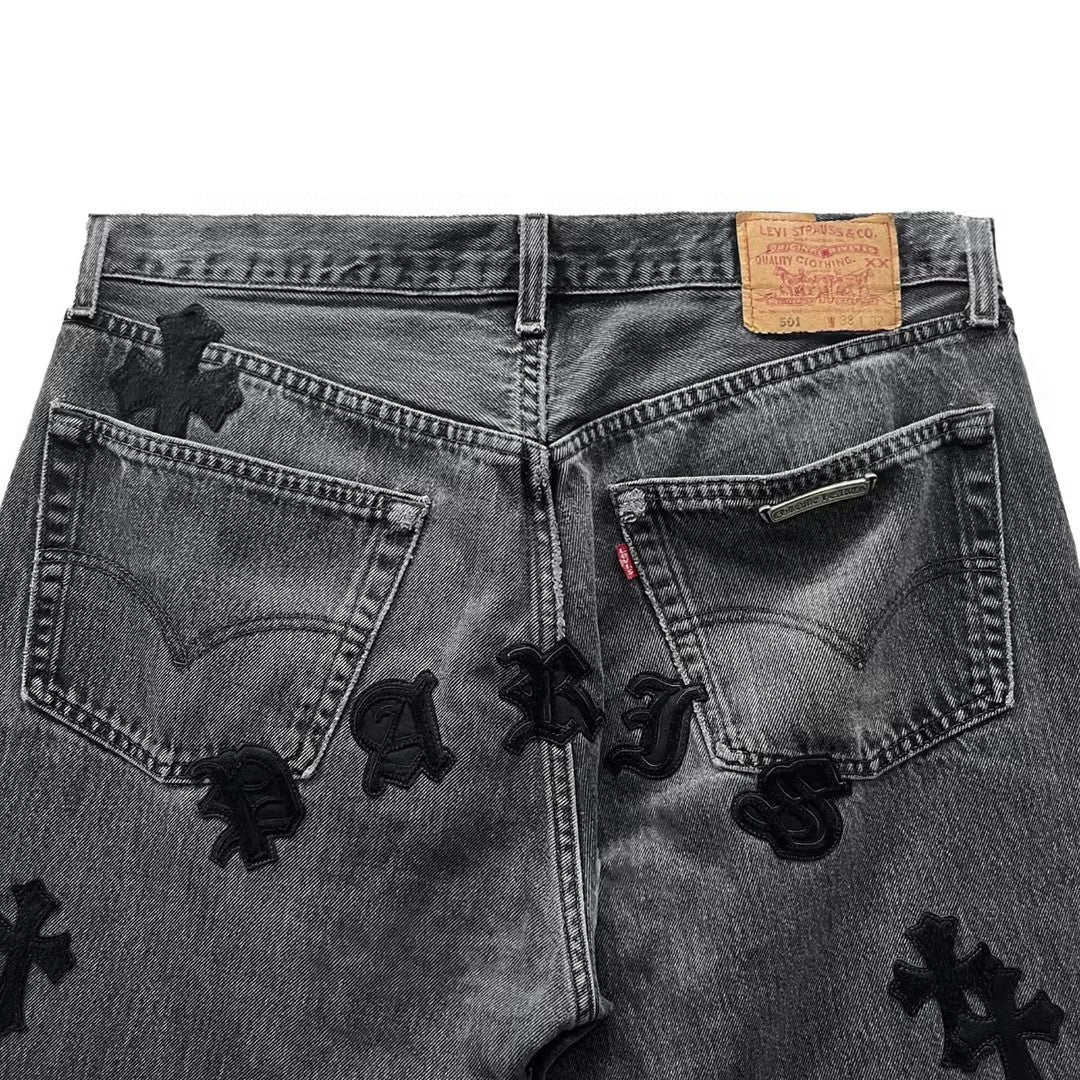 Chrome Hearts Paris Exclusive Cross Patch Knee Ruined Jeans - SHENGLI ROAD MARKET