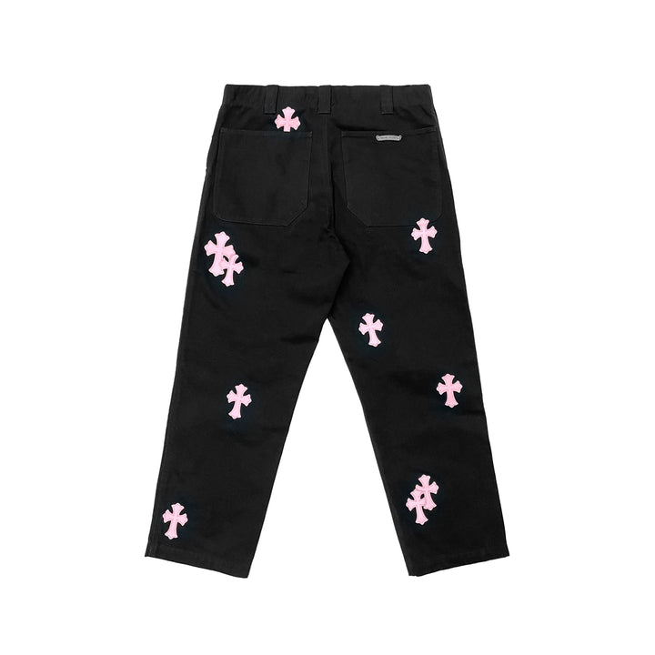 Chrome Hearts Pink Cross Leather Patch Black Carpenter Pants - SHENGLI ROAD MARKET