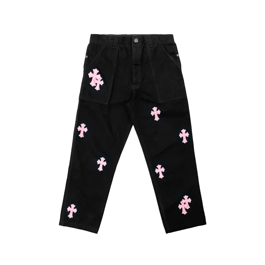 Chrome Hearts Pink Cross Leather Patch Black Carpenter Pants - SHENGLI ROAD MARKET