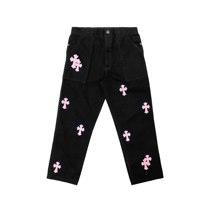 Chrome Hearts Pink Cross Leather Patch Black Carpenter Pants - SHENGLI ROAD MARKET