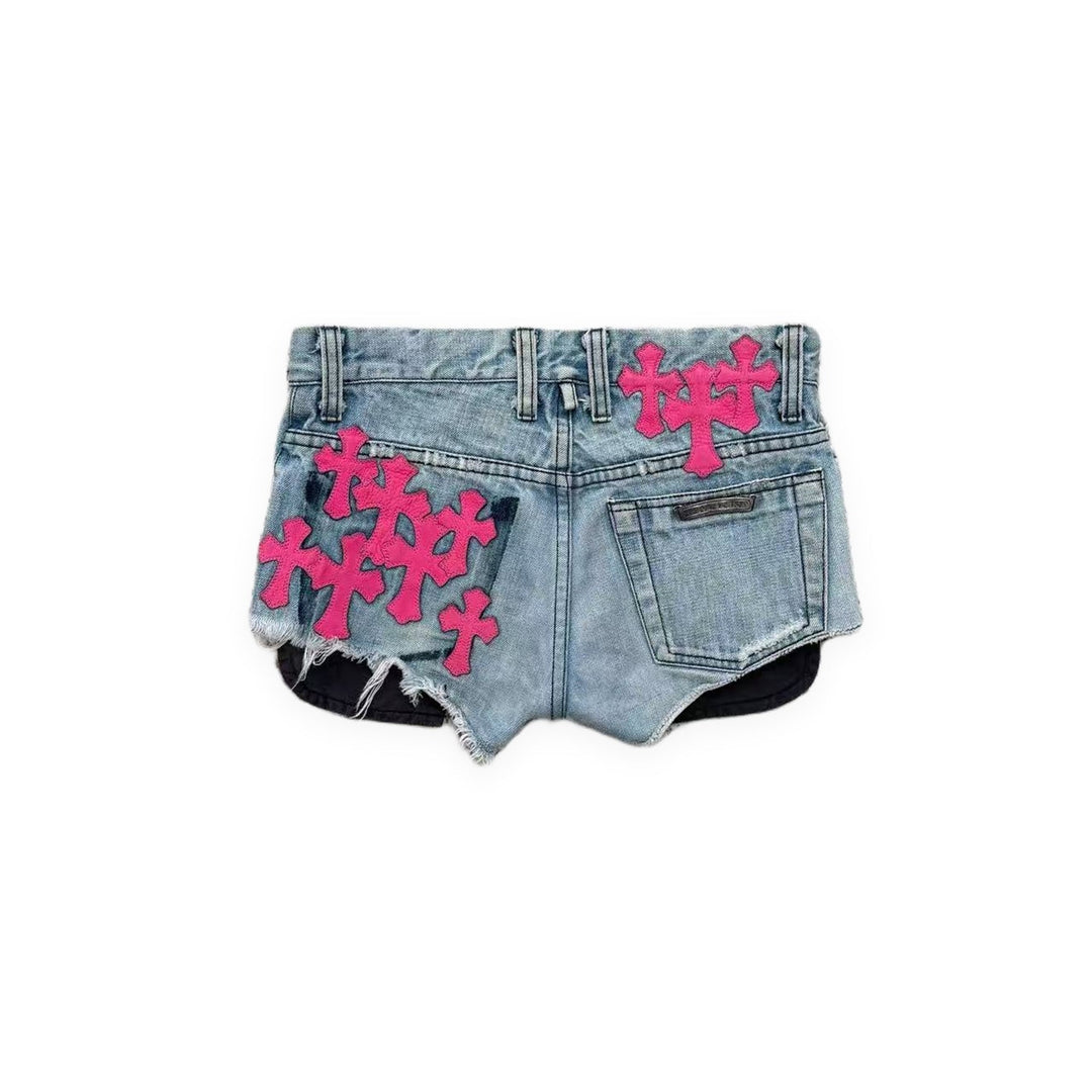 Chrome Hearts Pink Cross Leather Patch Distressed Denim Shorts - SHENGLI ROAD MARKET