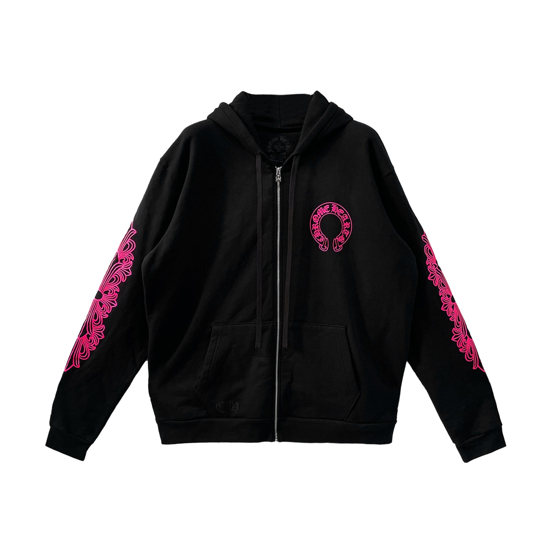 トップス Pink Horseshoe Floral Sleeve Pullover Chrome Hearts Horseshoe Floral Cross Sleeve Zip Up Hoodie Black