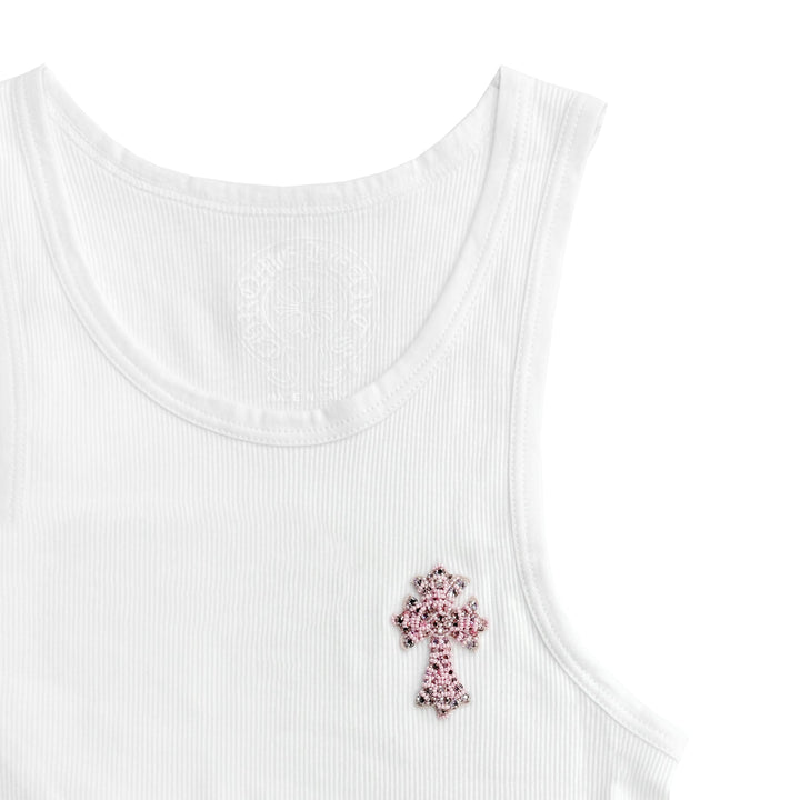 Chrome Hearts Pink Rhinestone Beaded Cross White Rib Tank Top - SHENGLI ROAD MARKET