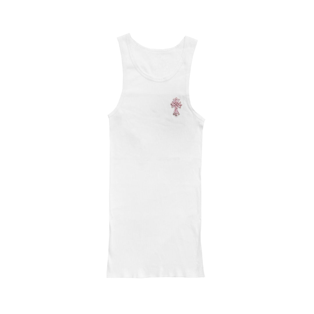 Chrome Hearts Pink Rhinestone Beaded Cross White Rib Tank Top - SHENGLI ROAD MARKET