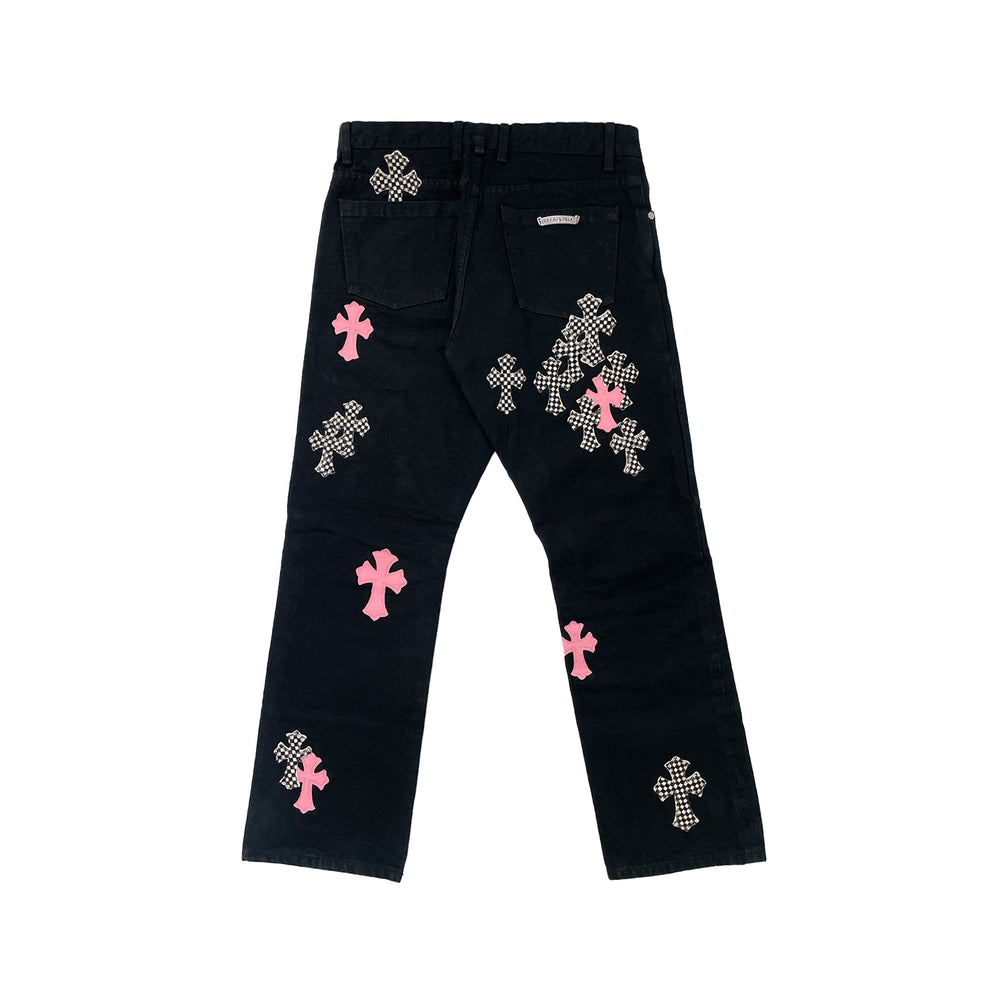 Chrome Hearts Pink&Checkerboard Cross Patch Fleur Knee Pants - SHENGLI ROAD MARKET