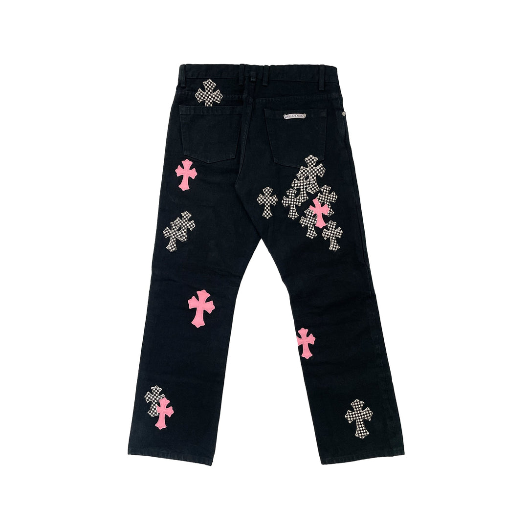 Chrome Hearts Pink&Checkerboard Cross Patch Fleur Knee Pants - SHENGLI ROAD MARKET