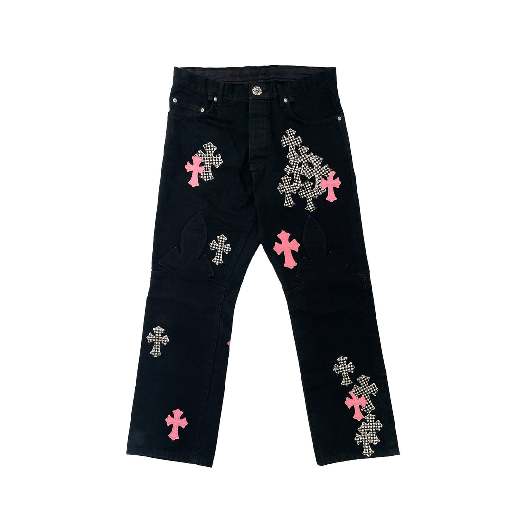 Chrome Hearts Pink&Checkerboard Cross Patch Fleur Knee Pants - SHENGLI ROAD MARKET