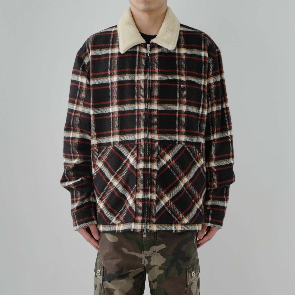 Chrome Hearts Plaid Flannel Fur Collar Zip Up Jacket - SHENGLI ROAD MARKET