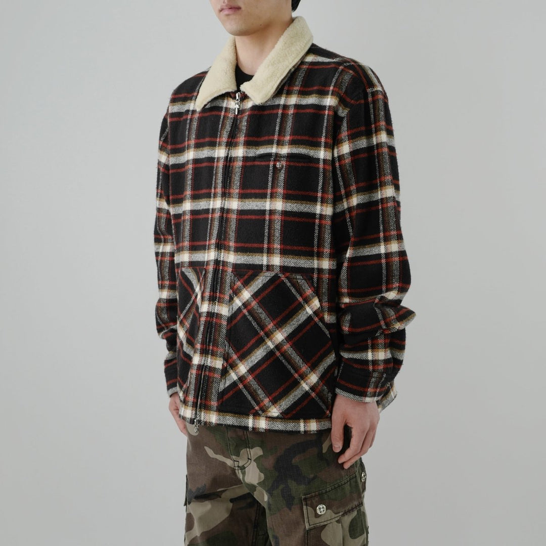 Chrome Hearts Plaid Flannel Fur Collar Zip Up Jacket - SHENGLI ROAD MARKET