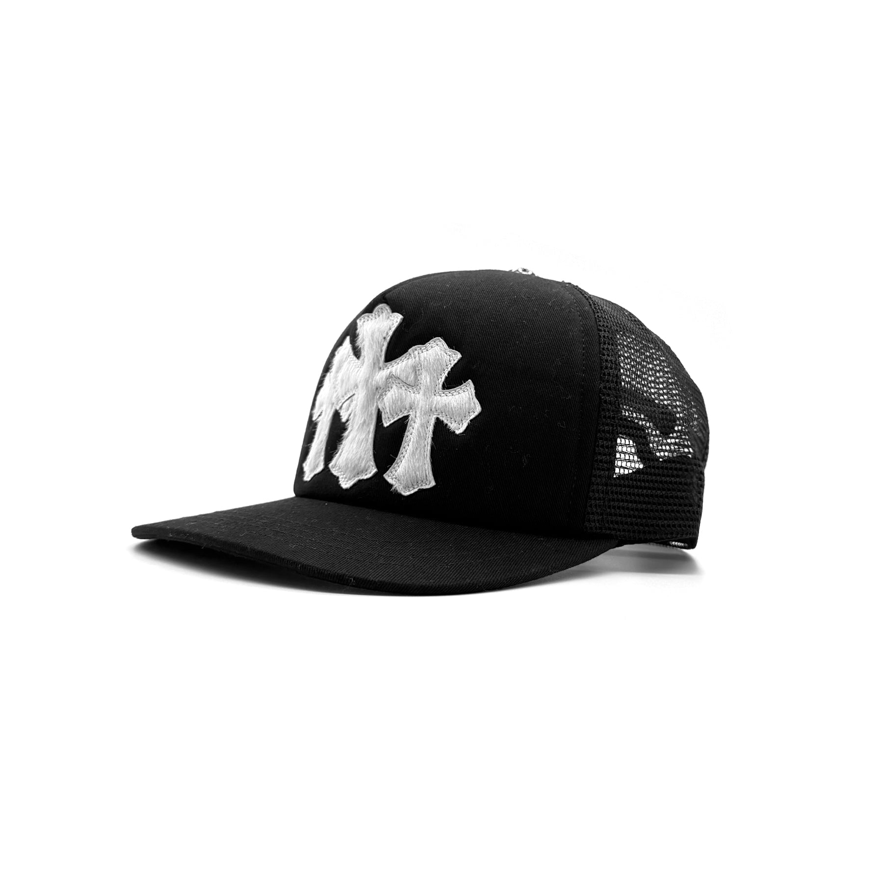Chrome Hearts White Pony Hair Triple Cross Patch Tracker Cap - SRM