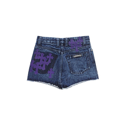 Chrome Hearts Purple Cross Leather Patch Denim Shorts - SHENGLI ROAD MARKET