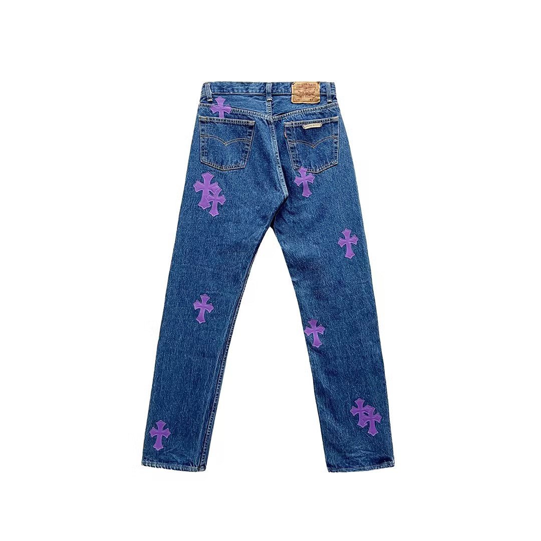 Chrome Hearts Purple Leather Cross Patch Jeans - SHENGLI ROAD MARKET