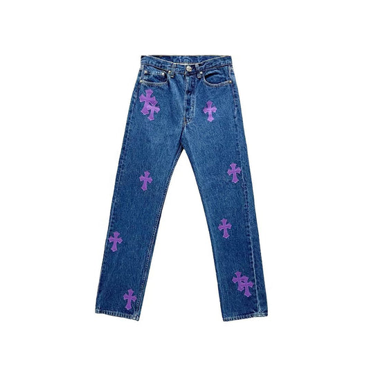 Chrome Hearts Purple Leather Cross Patch Jeans - SHENGLI ROAD MARKET