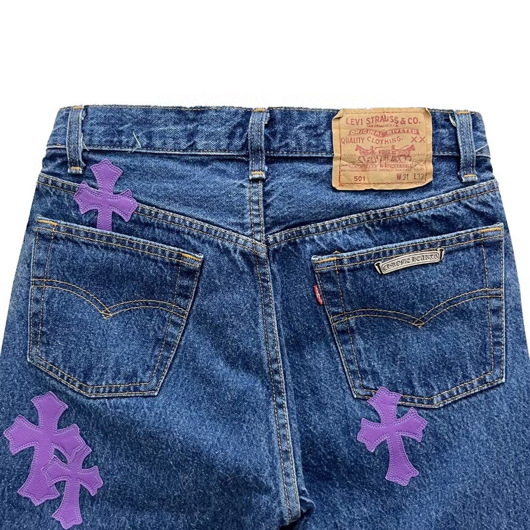 Chrome Hearts Purple Leather Cross Patch Jeans - SHENGLI ROAD MARKET