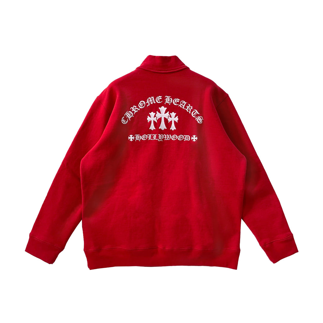 Chrome Hearts Red Hollywood Cross Logo Half Zip Sweatshirt - SHENGLI ROAD MARKET