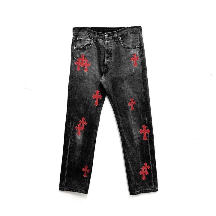 Chrome Hearts Red Leather Cross Patches Dark Grey Jeans - SHENGLI ROAD MARKET