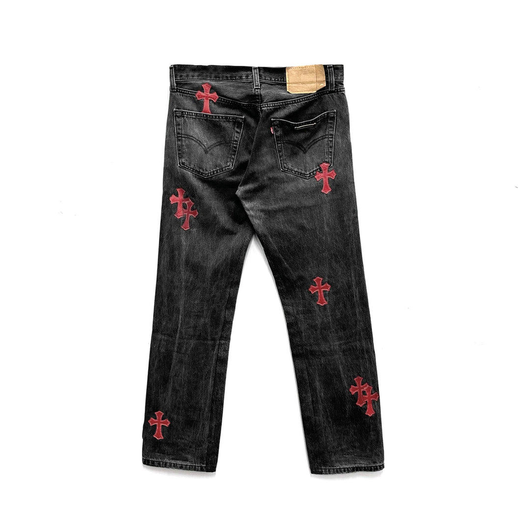 Chrome Hearts Red Leather Cross Patches Dark Grey Jeans - SHENGLI ROAD MARKET