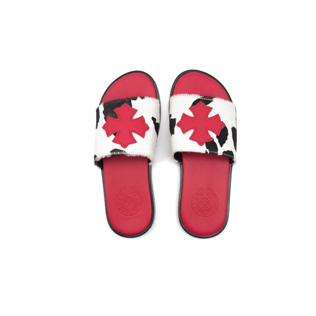 Chrome Hearts Red Plus Patch Pony Hair Cow Slide Slippers - SHENGLI ROAD MARKET