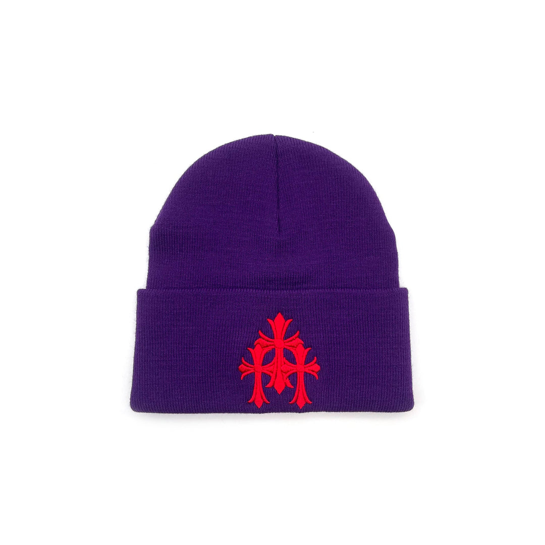 Chrome Hearts Red Triple Cross Embroidered Purple Beanie - SHENGLI ROAD MARKET