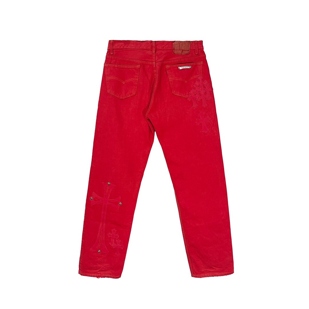 Chrome Hearts Silver Button Red Cross Leather Patch Jeans - SHENGLI ROAD MARKET