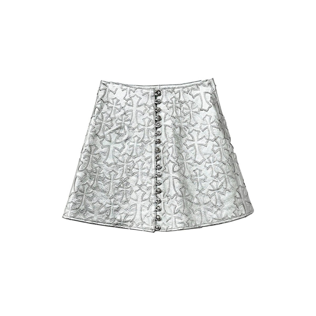 Chrome Hearts Silver Buttons Tonal Cross Patch Leather Skirt