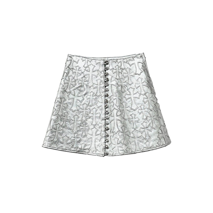Chrome Hearts Silver Buttons Tonal Cross Patch Leather Skirt