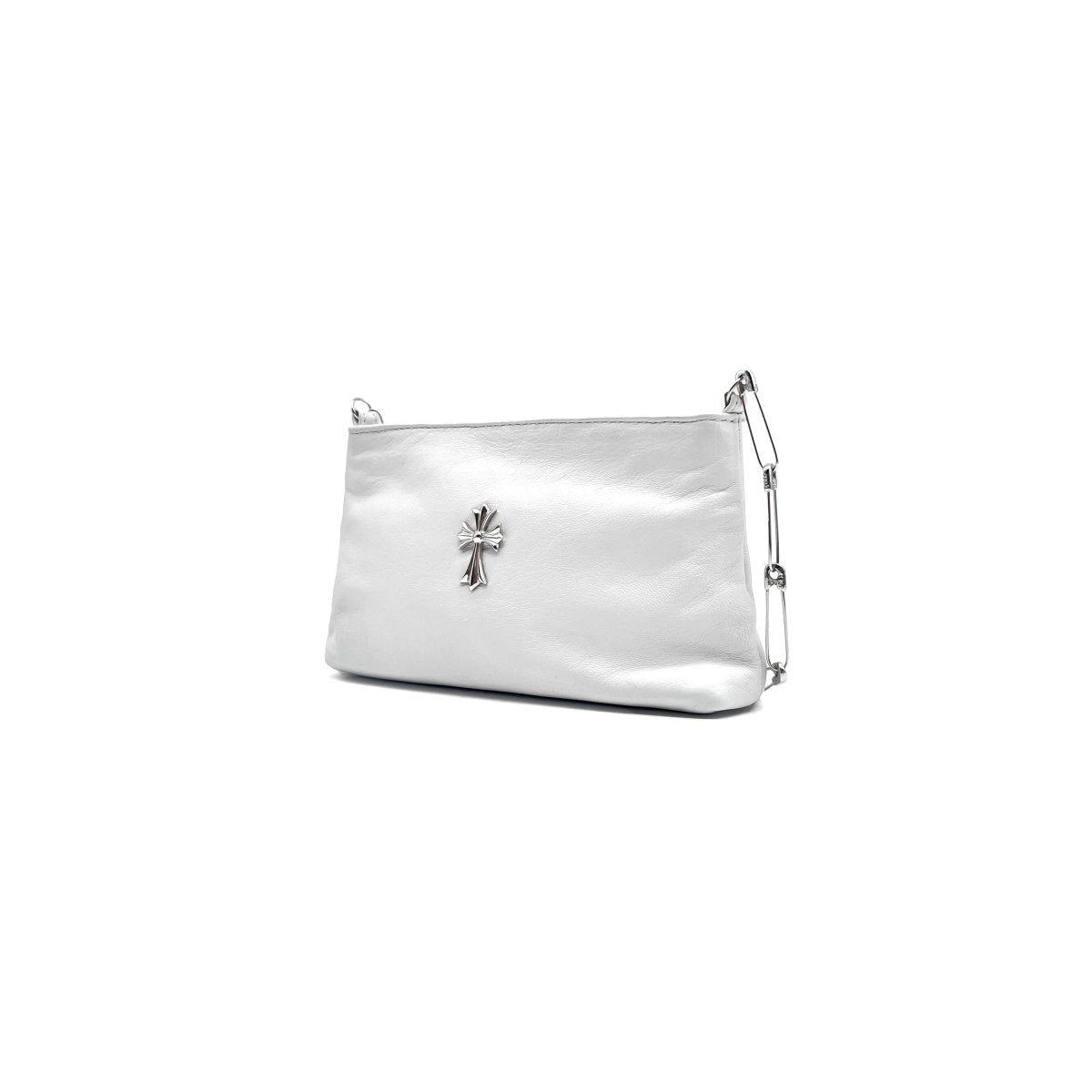 バッグ・カバンその他 +CHROME HEARTS+ CEMETERY CROSS SMALL BAG LEATHER SILVER Chrome Hearts Silver Safty Pin Chain White Shoulder Bag