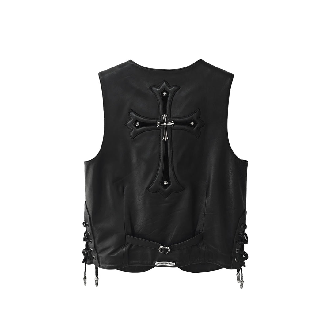 Chrome Hearts Silver Cross Leather Patch Drawstring Black Vest - SHENGLI ROAD MARKET