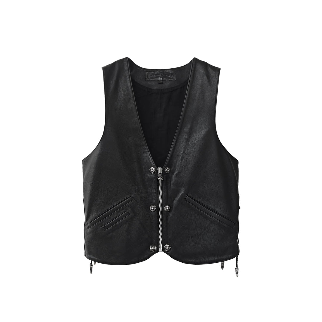 Chrome Hearts Silver Cross Leather Patch Drawstring Black Vest - SHENGLI ROAD MARKET