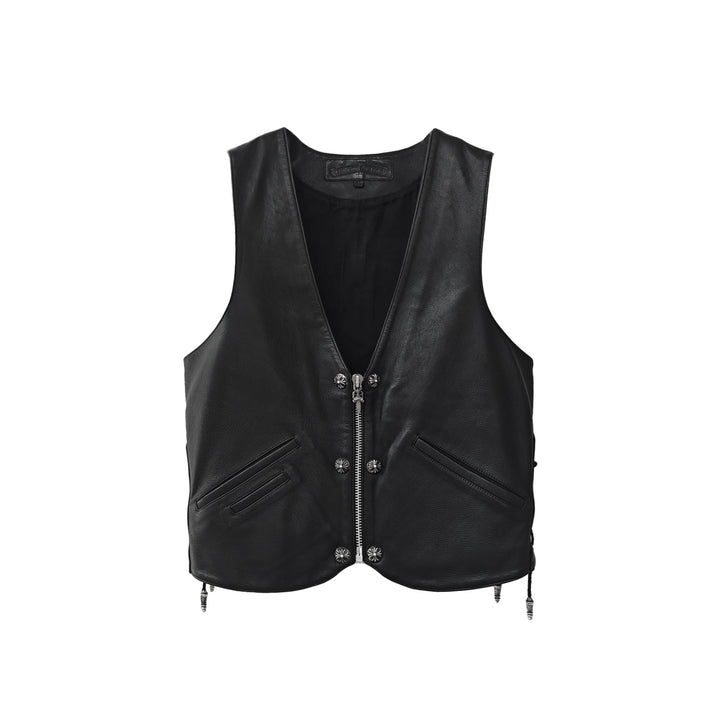 Chrome Hearts Silver Cross Leather Patch Drawstring Black Vest - SHENGLI ROAD MARKET