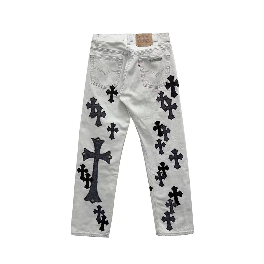 Chrome Hearts Silver Cross Patches Light Gray Jeans - SHENGLI ROAD MARKET