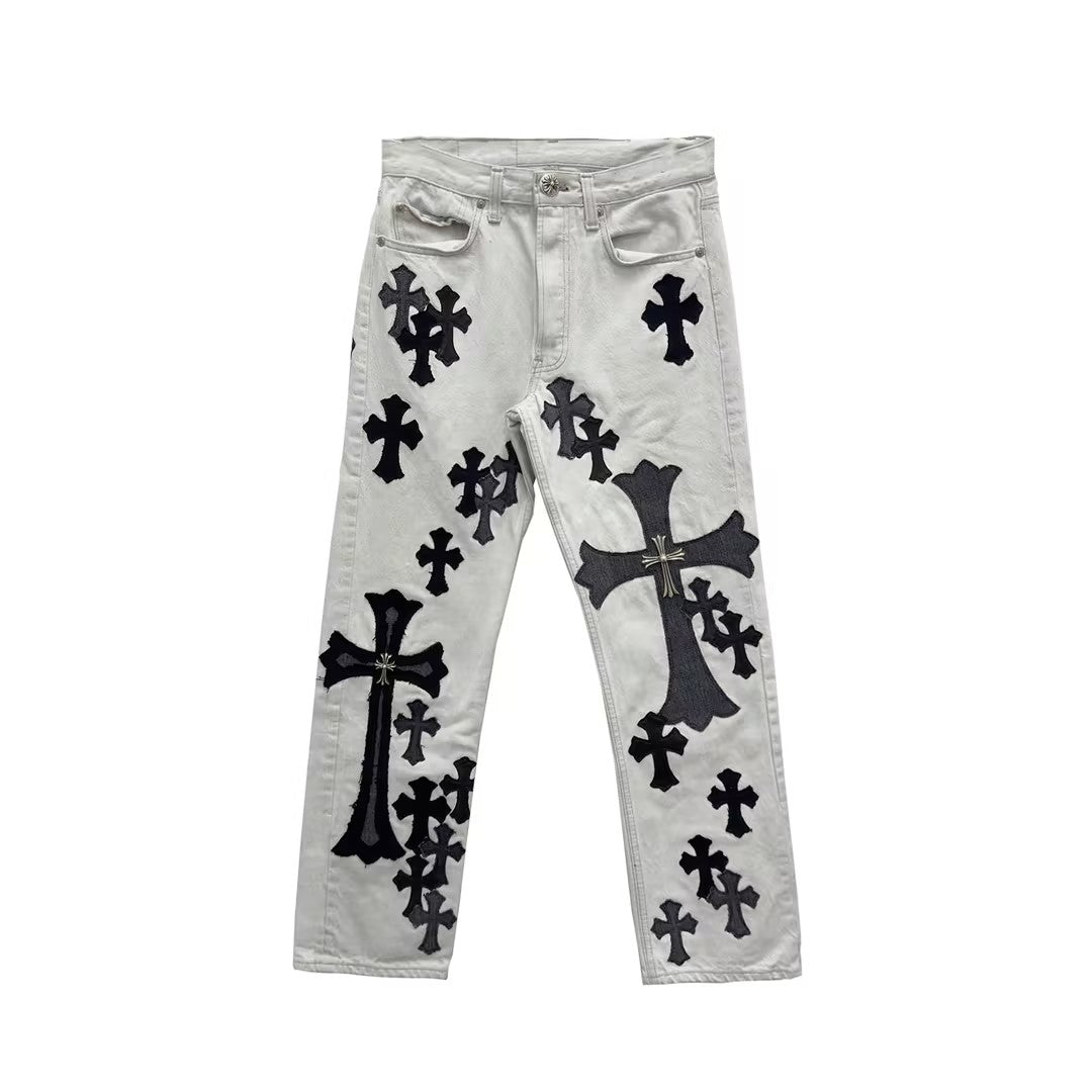 Chrome Hearts Silver Cross Patches Light Gray Jeans - SHENGLI ROAD MARKET