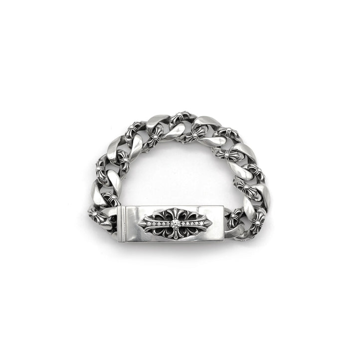 Chrome Hearts Silver Diamond ID Cross Fancy Link Cuban Bracelet - SHENGLI ROAD MARKET