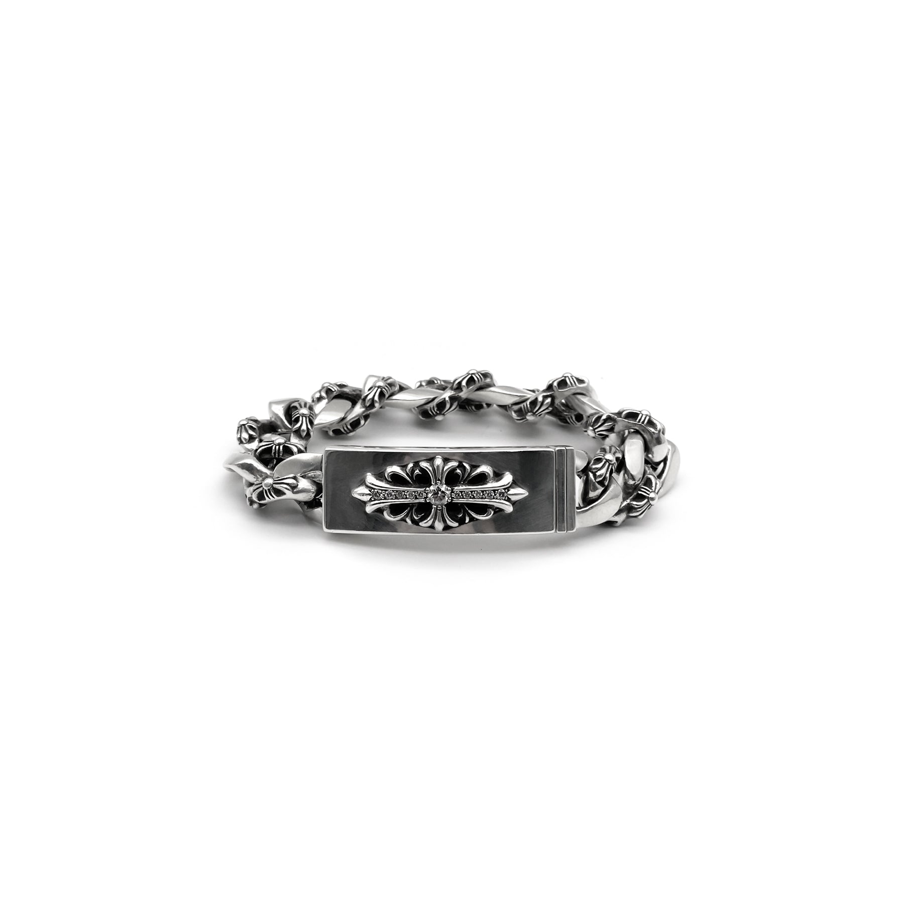 Chrome Hearts Silver Diamond ID Cross Fancy Link Cuban Bracelet