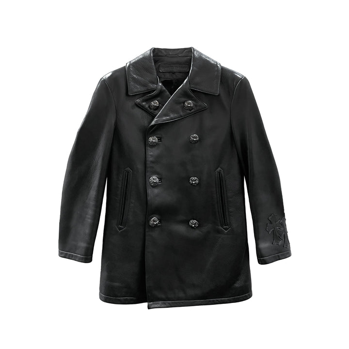 Chrome Hearts Silver Filigree Cross Patch Double Breasted Black Leather Jacket - SHENGLI ROAD MARKET