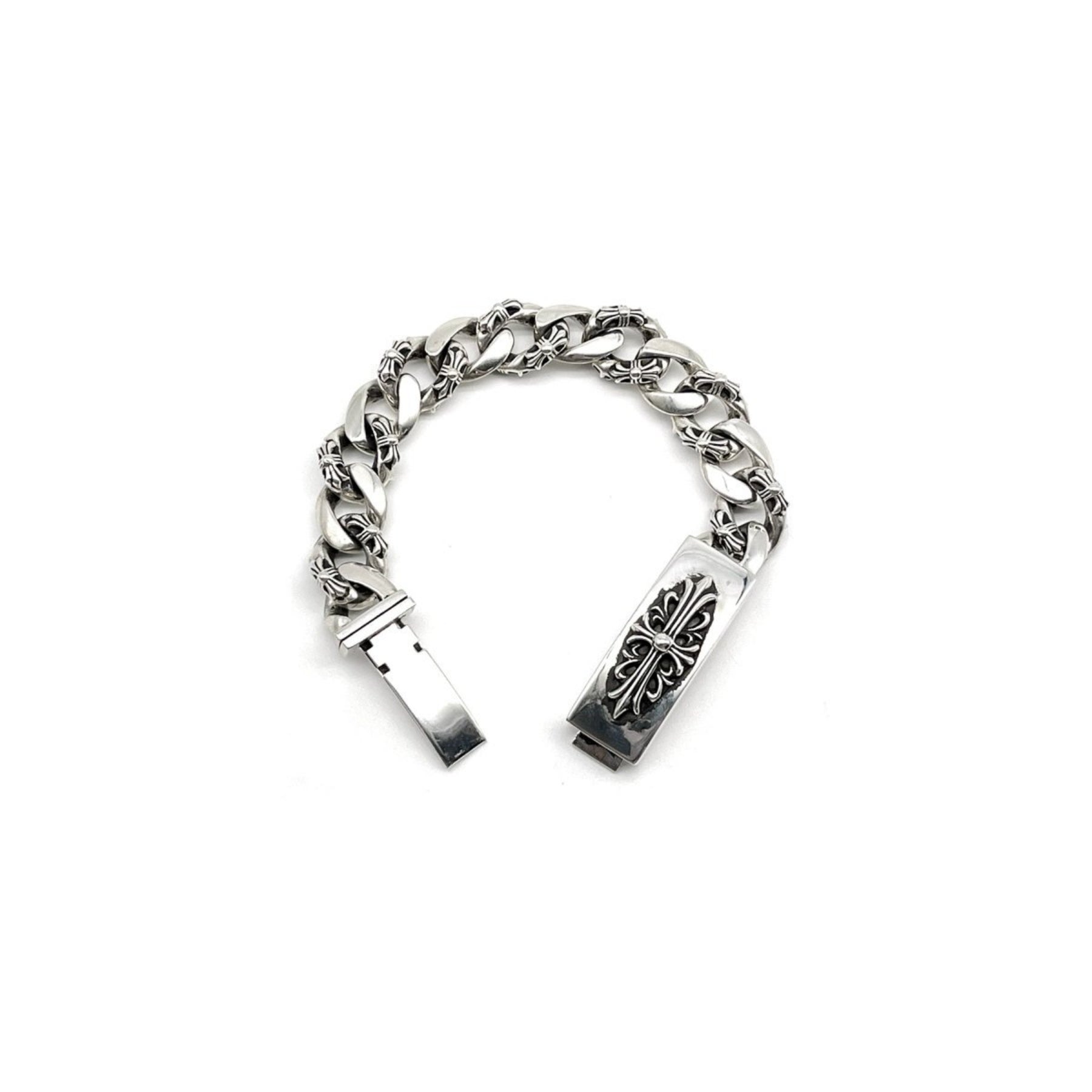 Chrome Hearts Silver ID Cross Fancy Link Cuban Bracelet - SRM