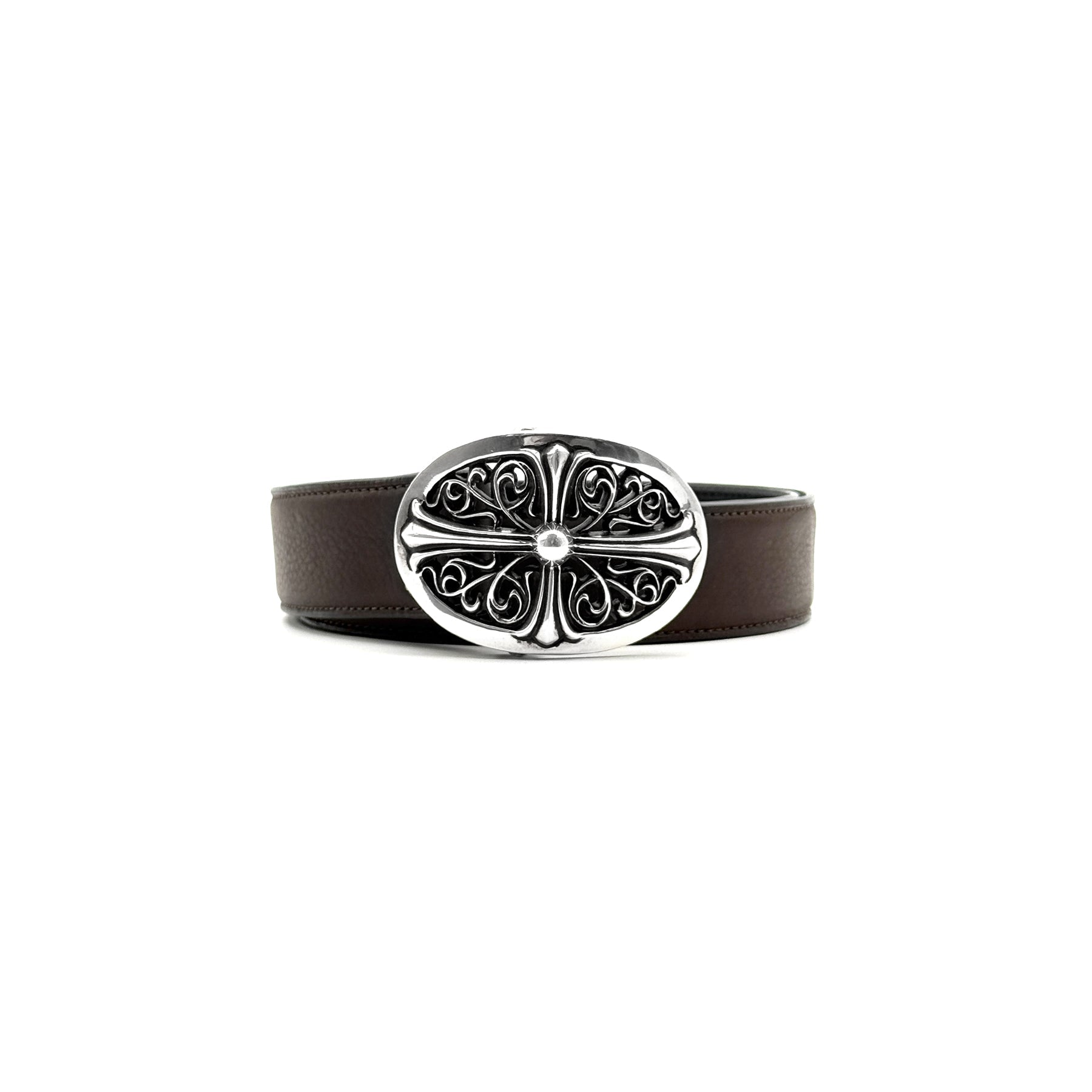 Chrome Hearts Silver Oval Keeper Cross Vine Brown Belt - SRM