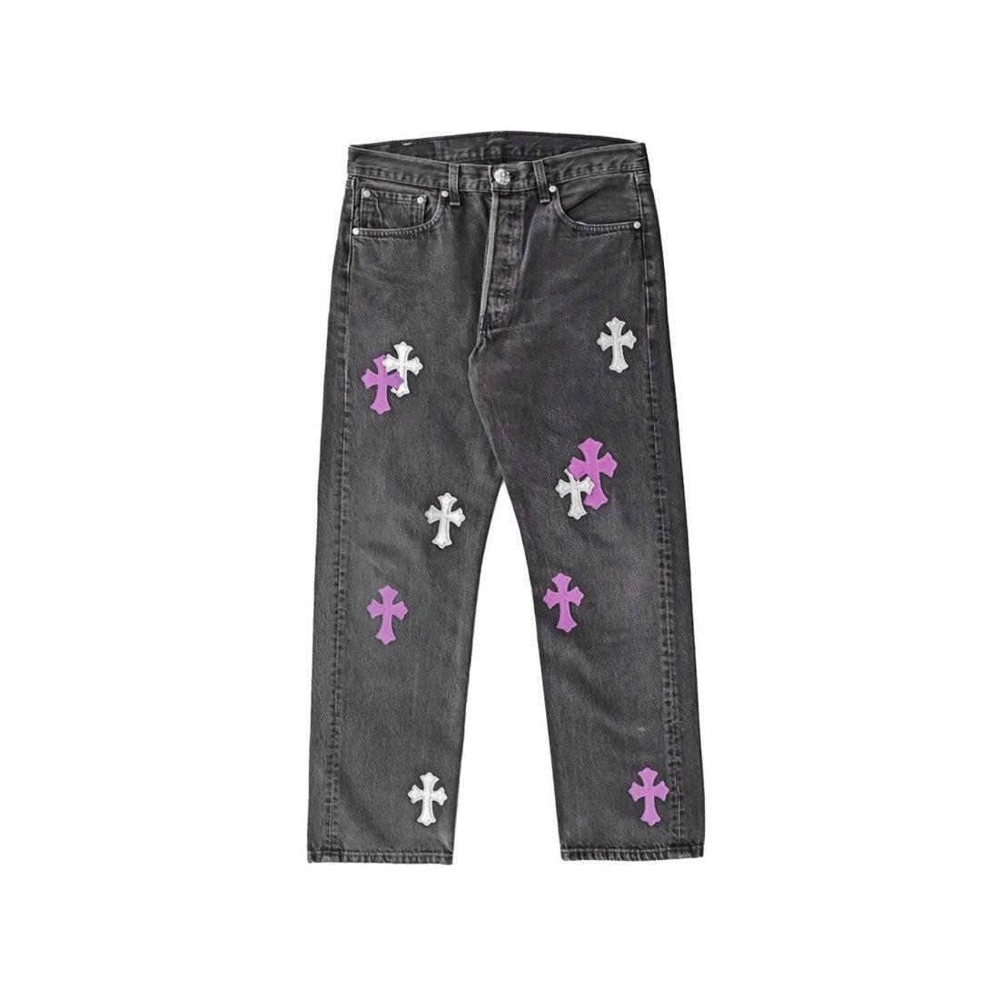 Chrome Hearts Silver Sequin Purple Leather Cross Jeans - SHENGLI ROAD MARKET